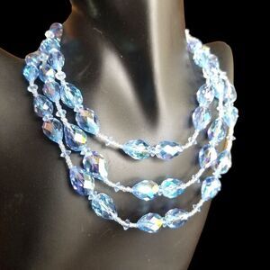⭐️ Vintage Vendome Triple Strand Blue Aurora Borealis Swarovski Crystal Necklace
